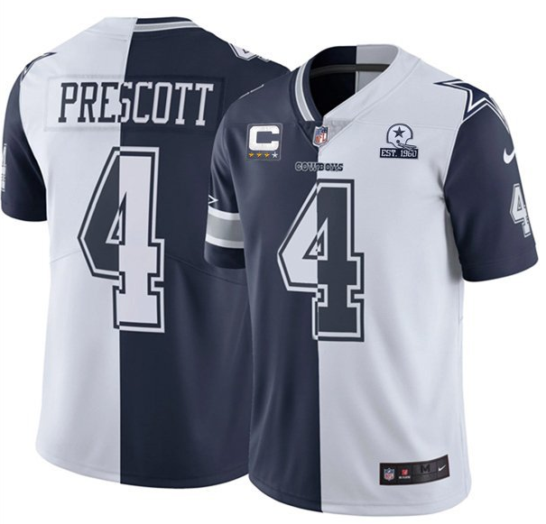 Men's Dallas Cowboys #4 Dak Prescott Navy White Split With C Patch And 1960 Patch Limited Stitched Jersey